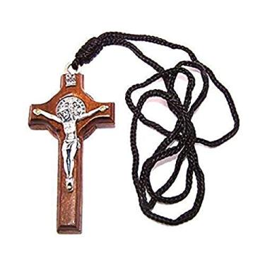Imagem de Pingente de crucifixo de cruz de São Bento de Núrsia em madeira de oliveira com colar de corrente de corda de 66 cm, Madeira, Sem Pedra Preciosa