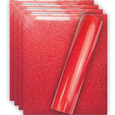 Imagem de Tvinyl Warehouse Vinil de transferência de calor HTV com glitter vermelho para camiseta 30,5 x 25,4 cm (pacote com 5), fácil de remover ervas daninhas e passar, tamanho garantido