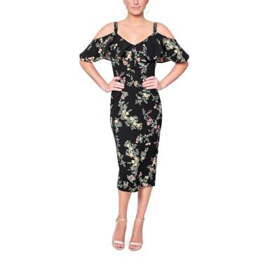 Imagem de RACHEL Rachel Roy Vestido feminino Marcella elegante tomara que caia colado ao corpo midi para festa, Preto outono floral, G