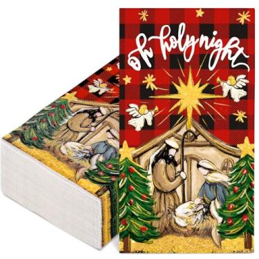 Imagem de JarThenaAMCS 100 guardanapos de Natal para convidados de Natal, guardanapos de papel de presépio vermelho preto xadrez toalhas de mão descartáveis para festas de fim de ano, jantar, decoração de mesa