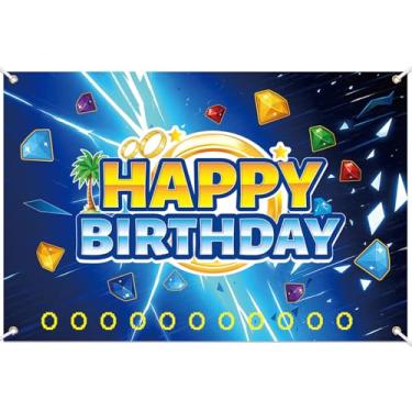 Imagem de Painel Aniversário Cartoon, Bandeira Feliz Aniversário Ouriço Azul com Anéis Dourados Decoração Fotográfica para Meninos Meninas Festa Temática Videogame
