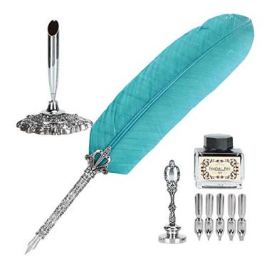 Imagem de AYNEFY Conjunto de Canetas de Pena Vintage, Caneta de Merda de Redação Retro Com 6 Pontas de Reposição de Caligrafia do Conjunto de Caneta de Caneta de Decoração de Decoração de (Verde)