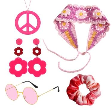 Imagem de Conjunto de 5 acessórios de fantasia hippie, faixa de cabeça de flor, artigos de festa dos anos 60 e 70, rosa, One Size
