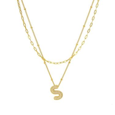 Imagem de Tasunom Colar com inicial de camada dupla, banhado a ouro 14K, pingente de letra de cristal CZ disponível, A-Z, Medium, Latão, Sem Pedra Preciosa