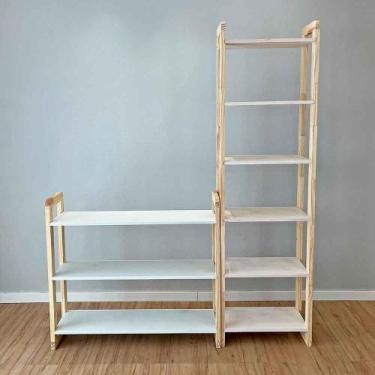 Imagem de Cantinho Estante e Aparador de Madeira Pinus Linea Branco e Natural - 