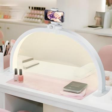 Imagem de MYSWEETY Luz dobrável de meia lua para mesa de unhas, lâmpada de mesa LED de 73 cm, abajur de mesa meia lua com suporte de telefone, luz de cílios esteticista 3000-6500K para extensões de cílios,