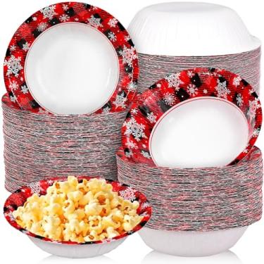 Imagem de FYSUIMU 100 tigelas de papel de Natal, tigela descartável, vermelho, preto, búfalo, xadrez, floco de neve, salada, sobremesa, tigelas para Natal, inverno, férias, festa de aniversário