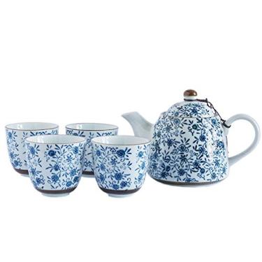 Imagem de Conjunto de chá de porcelana vintage feito à mão, flores azuis, serviço de chá de cerâmica chinesa, 1 bule de chá com infusor e 4 xícaras de chá