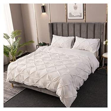 Imagem de Conjunto de edredom de cama de solteiro e casal plissado de cor sólida Pinch conjuntos de edredom confortáveis (Queen branco 3 peças)