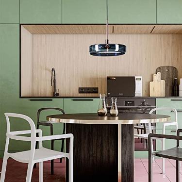 Imagem de YQSLQZZ Lustre de vidro azul, luminária redonda vintage com pingente de casa de fazenda, corredor de sala de jantar acima da pia, luzes de teto suspensas, luz quente de 3000K, G9 x 5W, altura