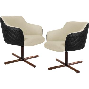 Imagem de Kit 02 Poltronas Giratória Base X Jade D02 Linho Bege C-129 Tressê Corano Preto - Lyam Decor