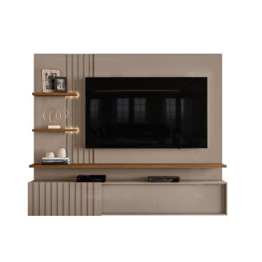 Imagem de Painel TV 65 Pol 200cm Bancada Suspensa Ripado Mirellin Fendi/Naturale M20 - D'Rossi