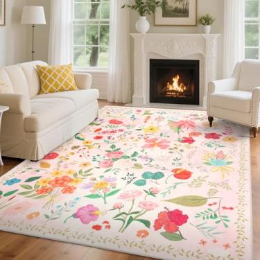 Imagem de Tapetes florais para sala de estar, 12 x 18 cm, lavável, boho, antiderrapante, resistente a manchas, floral, macio, para quarto, escritório, sala de jantar, sala de jogos infantil