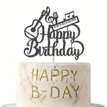 Imagem de LZGXZF Topo de bolo de feliz aniversário música topo de bolo preto personalizado enfeite de cupcake decoração de festa infantil para meninos e meninas para violão e piano música decorações de festa
