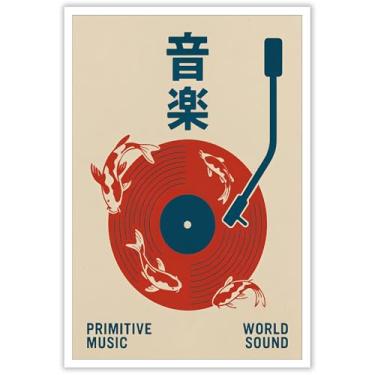 Imagem de Bizabud Arte de parede em tela de música japonesa retrô pôster de disco de vinil primitivo arte musical redemoinho Koi World impressão sonora pintura para sala de estar quarto escritório decoração de