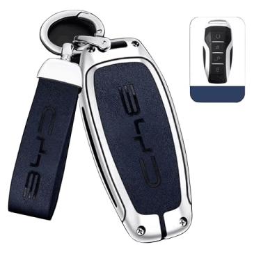 Imagem de Capa de Chave Premium BYD, Capa Protetora para Chave de Carro em Liga de Zinco e Couro – Case com Chaveiro e para BYD Han Ev Tang Dm Qin Plus Song Pro MAX Yuan Key (Prata Azul)