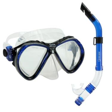 Imagem de Fun Dive Kit Mergulho Máscara Onix e Snorkel SK-09, Silicone Antialérgico, Preto e Amarelo, Vidro Temperado, com Válvula de Proteção, para Mergulho e Snorkeling (Transp/Azul)