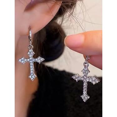 Imagem de Brincos pendentes de strass de cruz de prata, brincos de gota de cristal, brincos pendentes com pingente de cruz brilhante para mulheres, joias de Natal, presentes