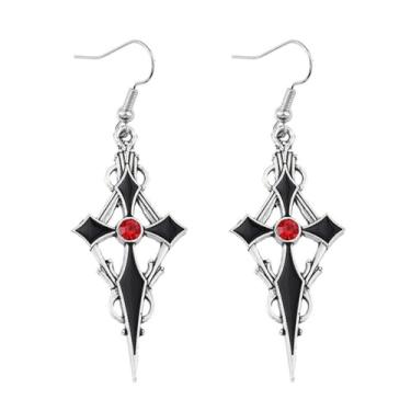 Imagem de Brincos de Halloween para mulheres, banhados a prata, moderno, vermelho, preto, design de cruz de vampiro, brincos pendentes, roupas de Halloween, acessórios de bijuteria de fantasia, 2inch, Liga de