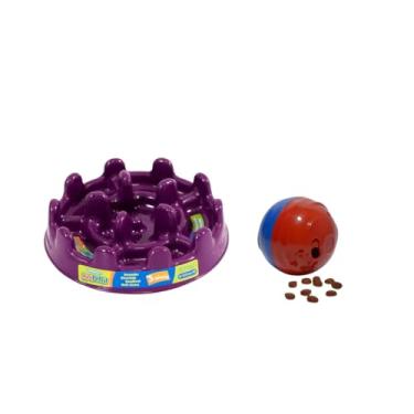 Imagem de Kit Redondog PP Brinquedo Interativo Para Cachorros e Gatos Pequenos E Comedouro Lento Mini Pet Fit (Roxo)