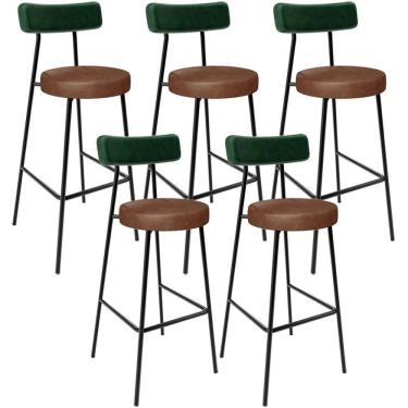 Imagem de Kit 05 Banquetas Alta Cozinha Sala De Jantar Milão L02 Facto Verde Couríssimo Marrom - Lyam Decor