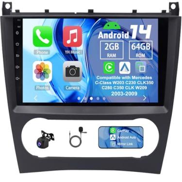 Imagem de Slakerbe Rádio veicular Android 14 compatível com Mercedes C-Class W203 C230 CLK350 C280 C350 CLK W209 2003-2009, 2G + 64G tela sensível ao toque de 9 polegadas com câmera de backup Carplay Android