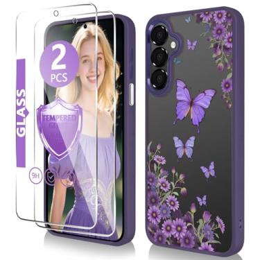 Imagem de Capa para Samsung Galaxy A15 5G com protetor de tela de vidro temperado [proteção de alta qualidade] Capa fina de TPU e policarbonato rígido transparente com estampa floral fofa para meninas e