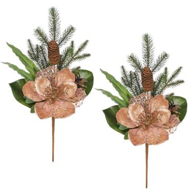 Imagem de Briful Pacote com 2 palhetas de flores de magnólia de Natal de 48 cm, spray de flor de magnólia artificial com pinhas para decoração de guirlanda de vaso de árvore de Natal