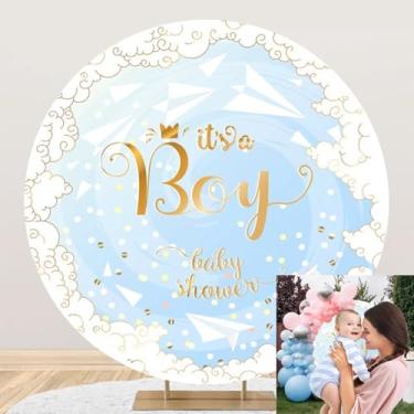 Imagem de 2 x 2 m It's a Boy Baby Shower Capa de pano de fundo redondo aquarela papel azul aviões nuvens círculo círculo fundo fotográfico para meninas recém-nascidas, chá de bebê, decoração de mesa de bolo