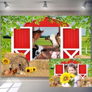 Imagem de 2,1 x 1,5 m cenário de celeiro vermelho vaca cavalo porco galinha casa de fazenda aniversário fotografia de fundo para crianças, desenhos animados, animais de fazenda, decoração de festa, papel de