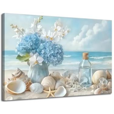 Imagem de ZUGHRERF Arte de parede em tela de banheiro azul praia oceano costa pôster verão hortênsia flores concha do mar praia imagem impressão pintura arte para sala de estar quarto decoração de casa rústica