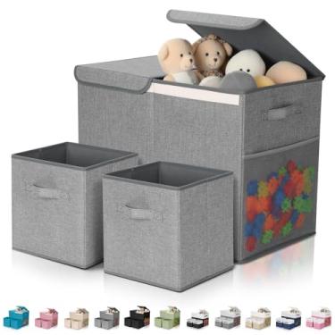 Imagem de Fiwochic Pacote com 3 caixas de armazenamento de brinquedos grandes de 58 cm com caixas de armazenamento de cubos de 28 cm, baú organizador de brinquedos dobrável com tampas para berçário, sala de