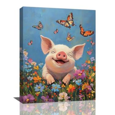 Imagem de Arte de parede de porco de fazenda, decoração de parede engraçada porquinho e borboleta, pintura de impressão em tela de animais e flores rústicas, arte emoldurada para sala de estar, escritório