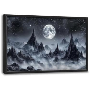 Imagem de Olivine Arte de parede grande de montanha, decoração de parede com imagens de lua, pinturas de paisagens naturais, impressões em tela de montanhas noturnas, arte emoldurada para sala de jantar, quarto