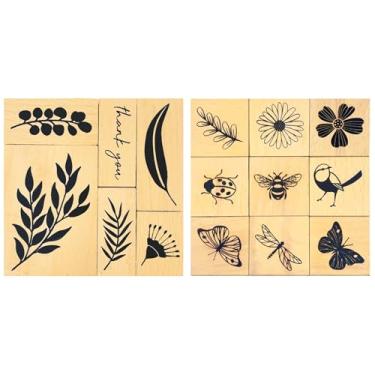 Imagem de Wissppoott Conjunto de 15 carimbos vintage de borracha de madeira – borboleta, folhas, galho, planta, joaninha e carimbos de pássaros para scrapbooking, cartões de artesanato, embrulho de presente e