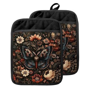 Imagem de GOOZHO Porta-panelas florais vintage gótico escuro com bolsos, Dark Academia Mystical Goth Butterfly Flower Forno, luvas de forno resistentes ao calor, almofadas quentes para cozinha, assar, cozinhar