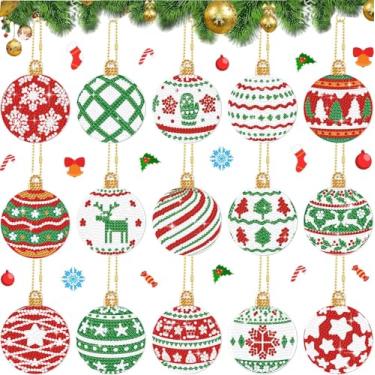 Imagem de 15 peças 5D DIY bolas de Natal pintura diamante arte kit chaveiros, enfeites de Natal de diamante dupla face pendurados chaveiros para presentes de decoração de festa de Natal (key02)