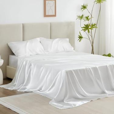 Imagem de Jogo de cama solteiro de cetim de seda luxuoso GG – Ultramacios e sedosos 4 peças – Roupa de cama elegante com 1 lençol de elástico, 1 lençol de cima e 2 fronhas – branco