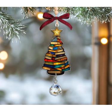 Imagem de Árvore de livro de Natal apanhador solar acrílico com cristal - enfeite acrílico de estante libriano - presente para amantes de livros de leitura - Bookish - Suncatcher janela de cristal