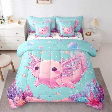 Imagem de Lindo jogo de cama casal Axolotl e edredom com estampa de animal de estimação anfíbio, desenho animado de criatura de peixe caminhando, decoração de quarto kawaii rosa