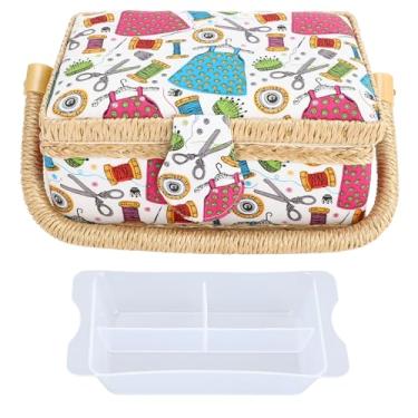 Imagem de QANYEGN Cesta de costura, organizador de armazenamento de costura, grande organizador de kit de costura vintage com bandeja plástica destacável para armazenar linhas de agulhas