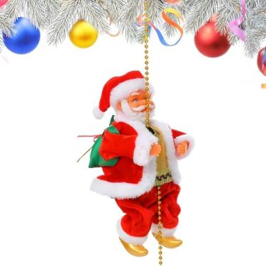 Imagem de Papai Noel de escalada elétrica em corrente de contas, ornamento animado de férias com controle duplo (12 x 13 x 21 cm), corda alpinista de Papai Noel operado por bateria para árvore, manto