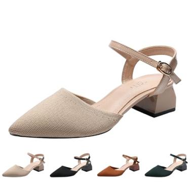 Imagem de OXNEUHG Sandália feminina de malha fechada com salto grosso com tira no tornozelo ondulada, bico fino, fivela de salto, casual, verão, trabalho, escritório, casamento, salto alto, Caqui, 38