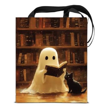 Imagem de KSFFWQIN Bolsa feminina de lona de gato fantasma gótico para leitura de fantasma assustador, reutilizável, bolsa de ombro para compras, trabalho, classe de viagem, amantes de livros, sacolas estéticas