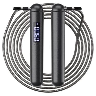 Imagem de ACHDOFITS Corda de pular para adultos – Cordas de pular com contador de calorias, corda de pular de fio de aço ajustável com visor de LED, para homens e mulheres, fitness e treino (preto)