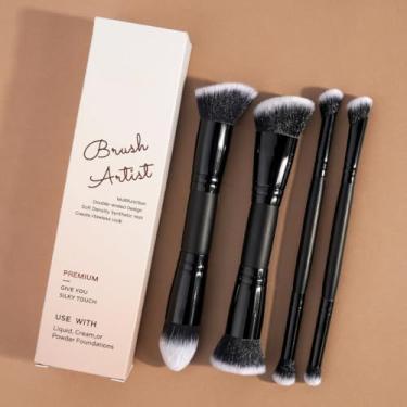 Imagem de Conjunto de pincéis de maquiagem de ponta dupla de 5 peças com caixa de papel, líquido de base, sombra, sombreamento, contorno, mistura e mistura (preto)