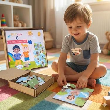Imagem de Brinquedo Pedagógico Em Madeira Estojo Kit 6 Quebra Cabeças Infantil Com 4 Peças Cada (Estojo Bíblico)