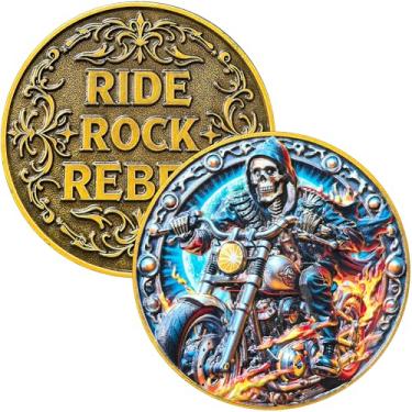 Imagem de Skull Motorcycle Challenge Coin | 1.57" Biker Rebel Token with Flames | Zinc Alloy Gothic Rider Gift with Display Case | Harley Enthusiast Keepsake for Men
