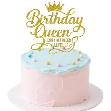 Imagem de Topo de bolo engraçado de feliz aniversário, rainha de aniversário I Don't Get Older I Level Up, decoração de bolo engraçada para mulheres meninas glitter dourado