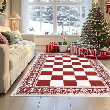 Imagem de Garvee Tapetes de 10 x 15 cm para sala de estar, tapetes xadrez de Natal para decoração de férias, antiderrapante, tapete lavável para cozinha, entrada, quarto, vermelho